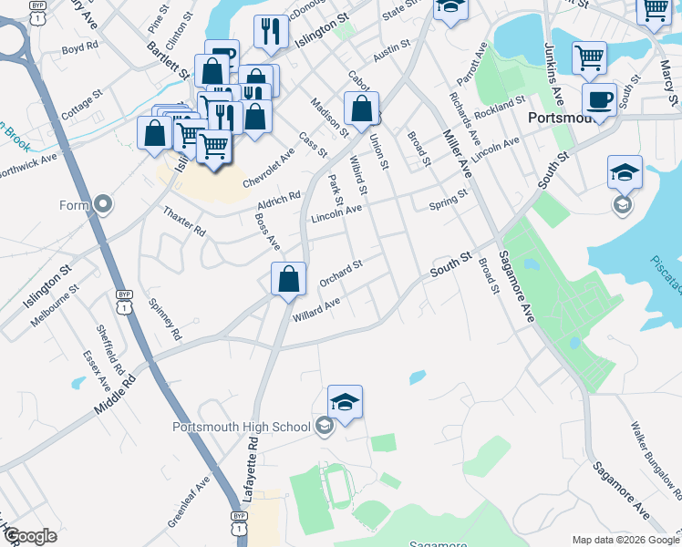 map of restaurants, bars, coffee shops, grocery stores, and more near 115 Orchard Street in Portsmouth