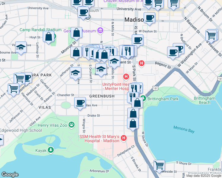 map of restaurants, bars, coffee shops, grocery stores, and more near 210 South Mills Street in Madison