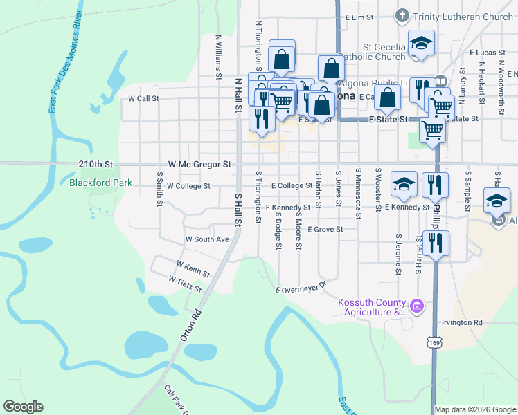 map of restaurants, bars, coffee shops, grocery stores, and more near 501 South Thorington Street in Algona