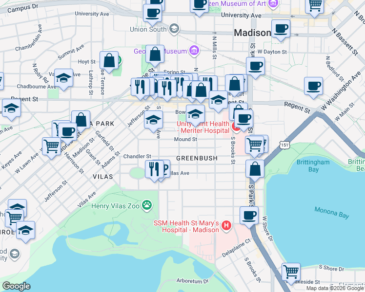 map of restaurants, bars, coffee shops, grocery stores, and more near 209 South Orchard Street in Madison