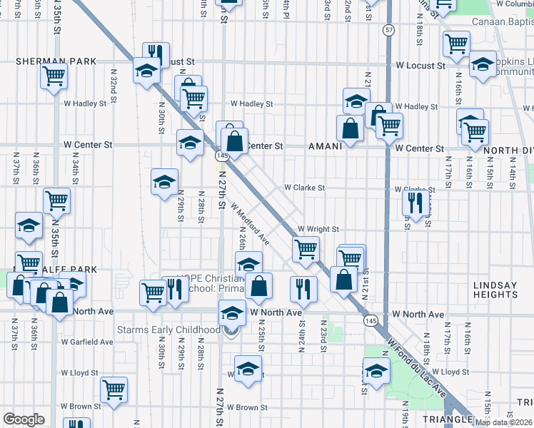 map of restaurants, bars, coffee shops, grocery stores, and more near 2483 West Fond du Lac Avenue in Milwaukee