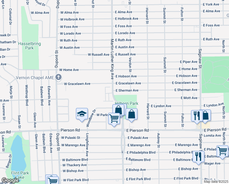 map of restaurants, bars, coffee shops, grocery stores, and more near 102 East Sherman Avenue in Flint