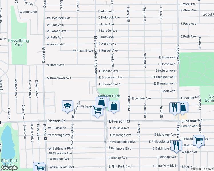 map of restaurants, bars, coffee shops, grocery stores, and more near 140 East Sherman Avenue in Flint