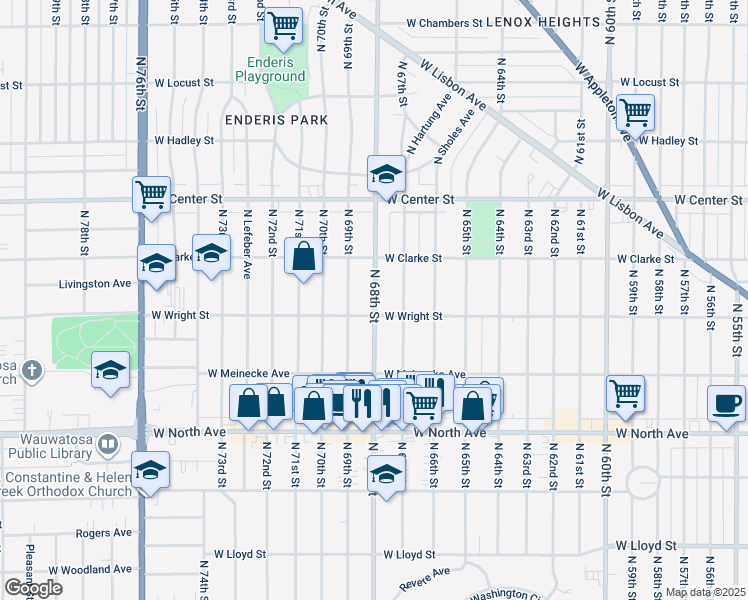 map of restaurants, bars, coffee shops, grocery stores, and more near 2527 North 68th Street in Wauwatosa