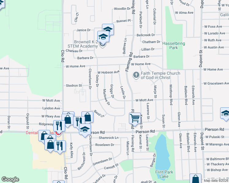 map of restaurants, bars, coffee shops, grocery stores, and more near 5616 Griggs Drive in Flint