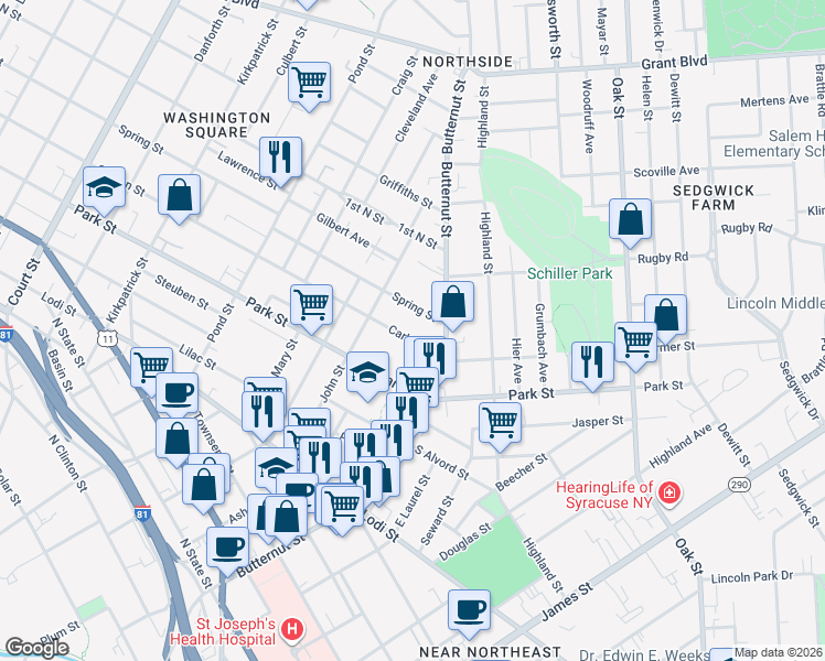 map of restaurants, bars, coffee shops, grocery stores, and more near 214 Carbon Street in Syracuse
