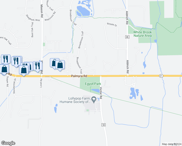 map of restaurants, bars, coffee shops, grocery stores, and more near 7 Ramsdell Park in Fairport