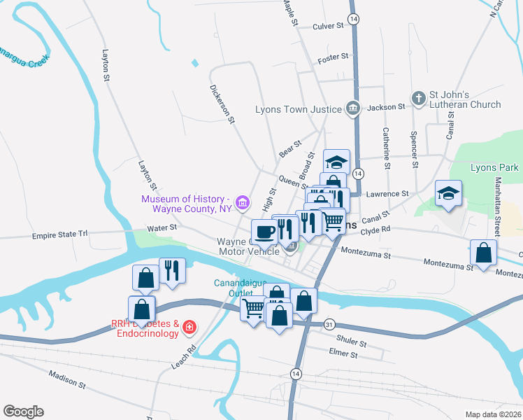 map of restaurants, bars, coffee shops, grocery stores, and more near 7 High Street in Lyons