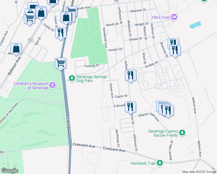 map of restaurants, bars, coffee shops, grocery stores, and more near 25 Doten Avenue in Saratoga Springs