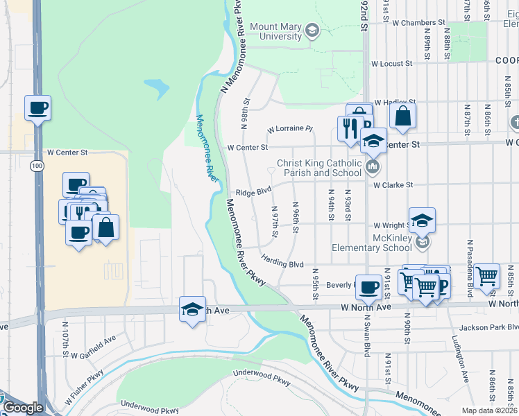 map of restaurants, bars, coffee shops, grocery stores, and more near 2545 North 97th Street in Wauwatosa
