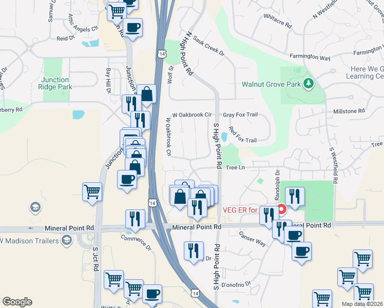 map of restaurants, bars, coffee shops, grocery stores, and more near 9 Sandy Court in Madison
