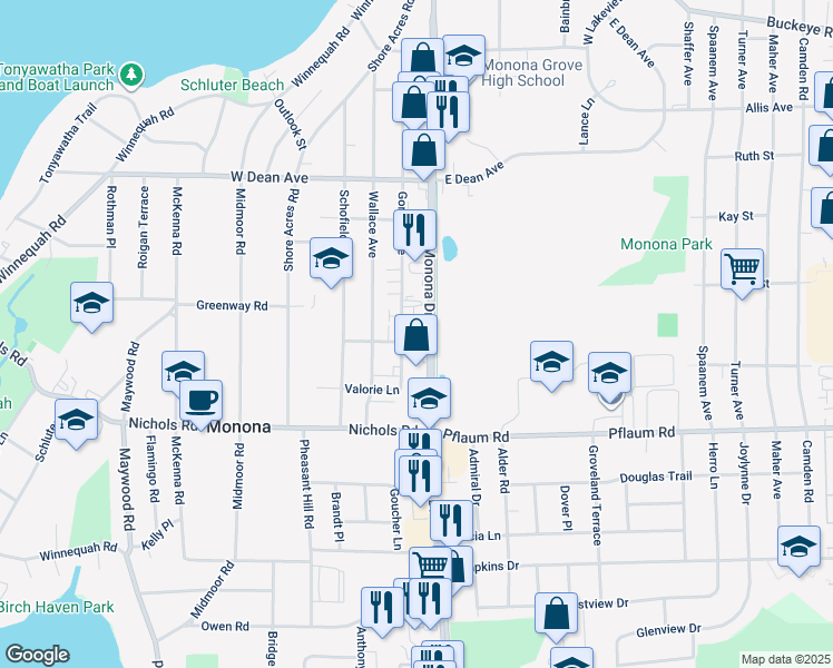map of restaurants, bars, coffee shops, grocery stores, and more near 5011 Monona Drive in Monona