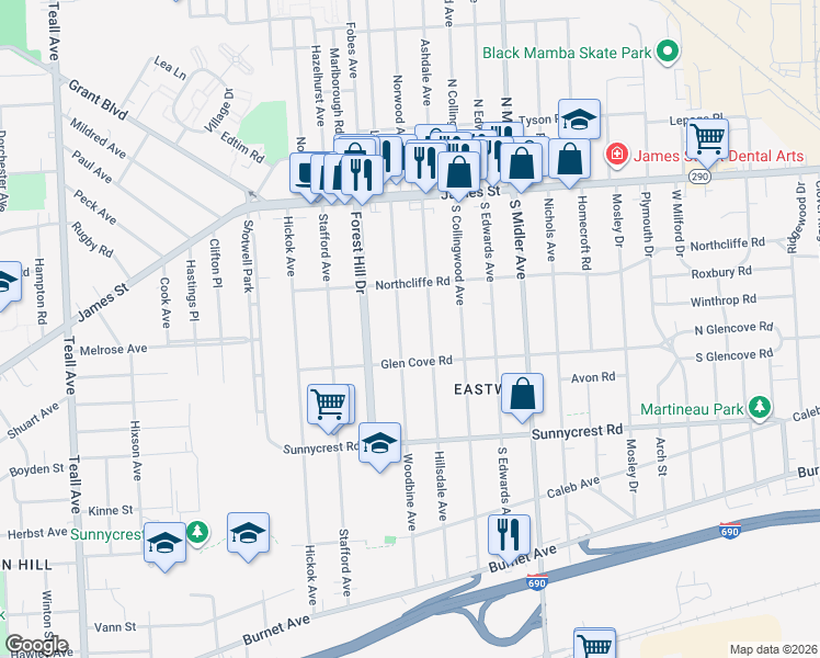 map of restaurants, bars, coffee shops, grocery stores, and more near 238 Woodbine Avenue in Syracuse