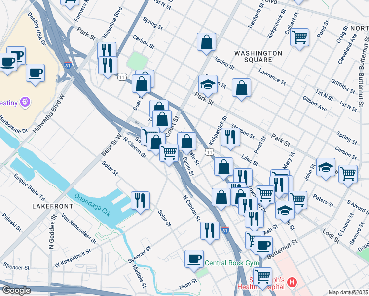 map of restaurants, bars, coffee shops, grocery stores, and more near 1420 North State Street in Syracuse