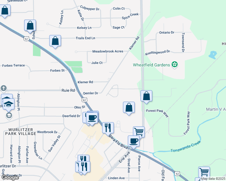 map of restaurants, bars, coffee shops, grocery stores, and more near 11 Lena Drive in North Tonawanda