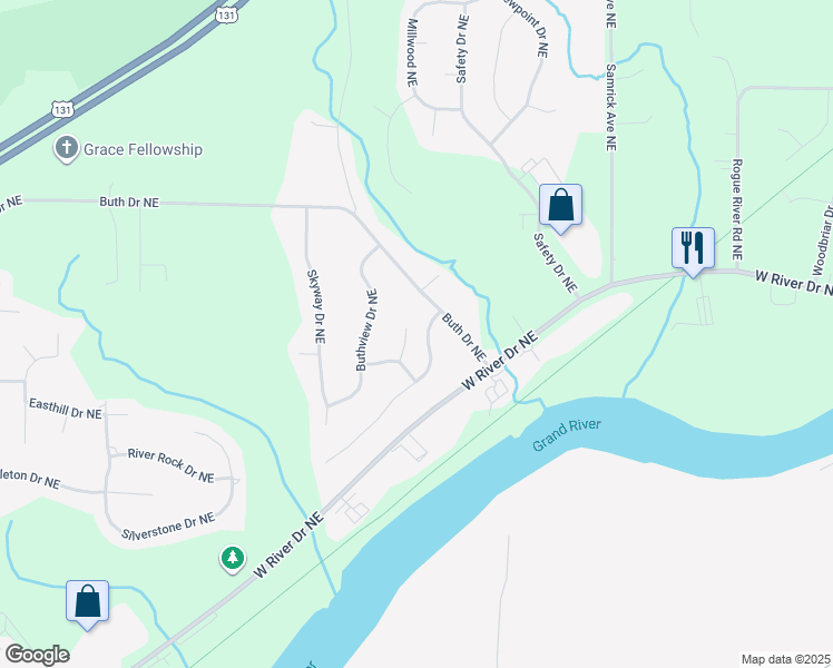 map of restaurants, bars, coffee shops, grocery stores, and more near 5620 Skyhills Court Northeast in Comstock Park