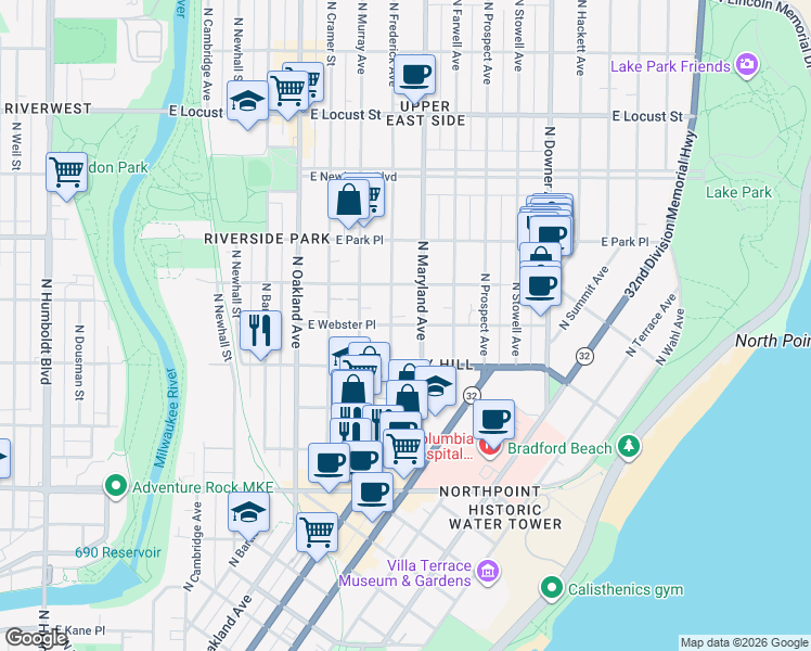 map of restaurants, bars, coffee shops, grocery stores, and more near 2120 East Webster Place in Milwaukee