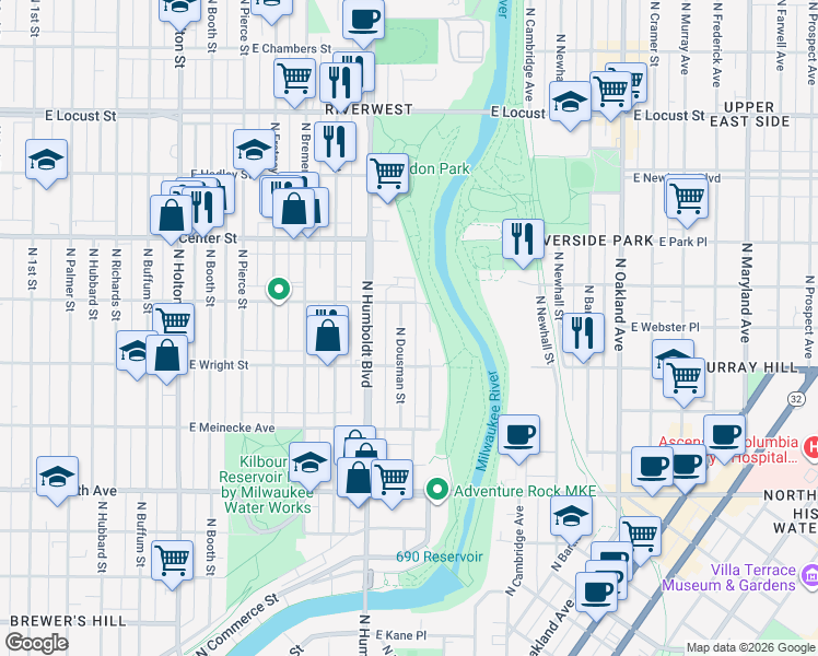 map of restaurants, bars, coffee shops, grocery stores, and more near 2553 North Dousman Street in Milwaukee