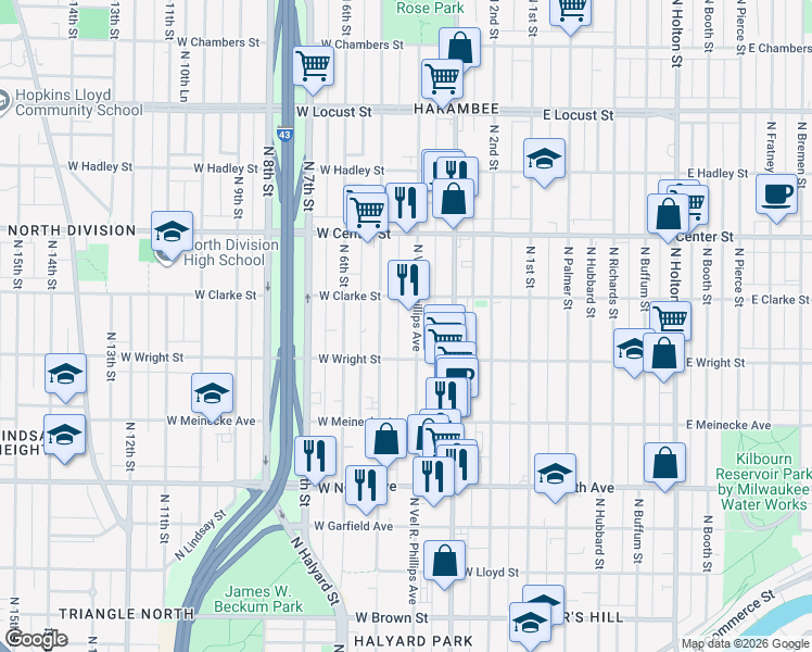 map of restaurants, bars, coffee shops, grocery stores, and more near 2550 North 5th Street in Milwaukee