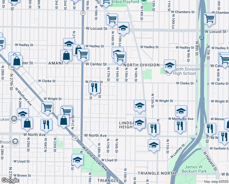 map of restaurants, bars, coffee shops, grocery stores, and more near 2539 North 16th Street in Milwaukee
