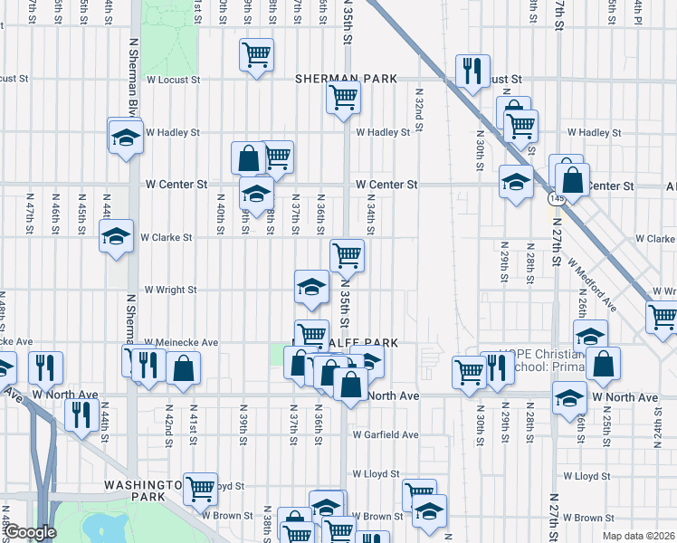 map of restaurants, bars, coffee shops, grocery stores, and more near 2530 North 36th Street in Milwaukee