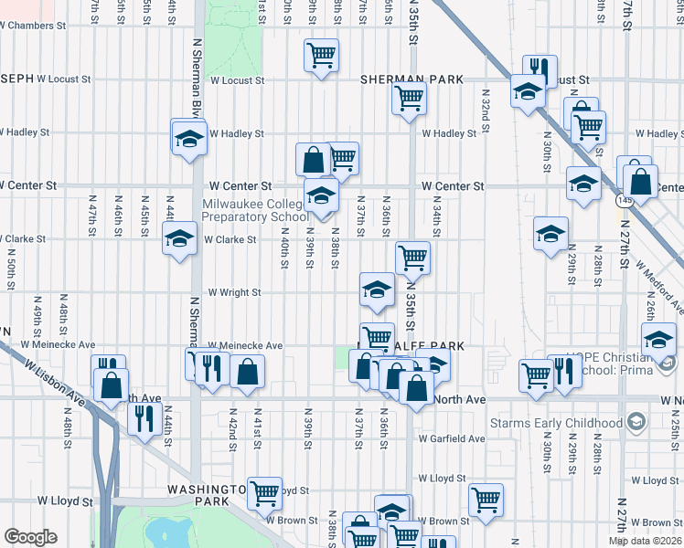 map of restaurants, bars, coffee shops, grocery stores, and more near 2531 North 37th Street in Milwaukee