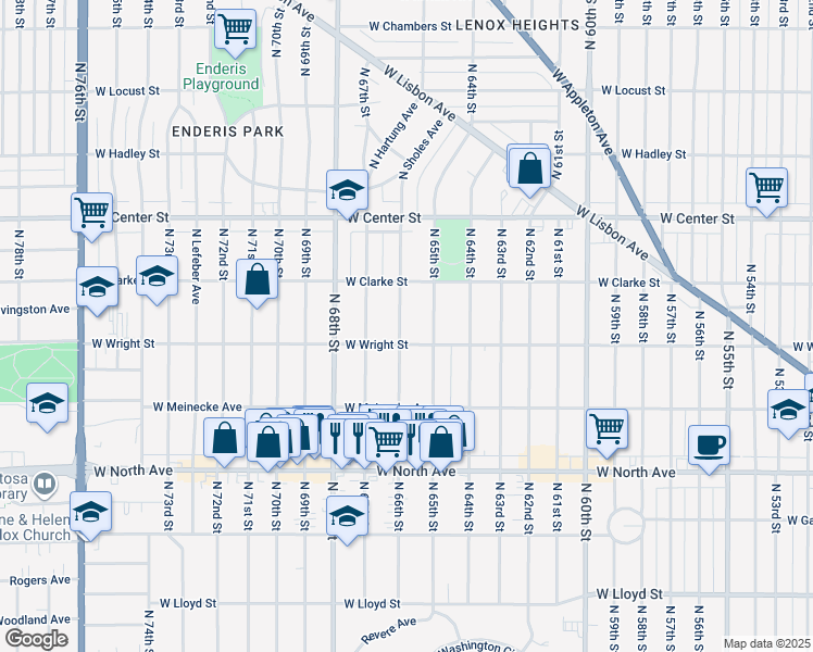 map of restaurants, bars, coffee shops, grocery stores, and more near 2528 North 66th Street in Wauwatosa