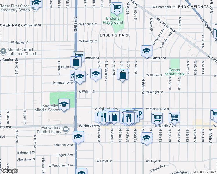 map of restaurants, bars, coffee shops, grocery stores, and more near 2527 North 72nd Street in Wauwatosa