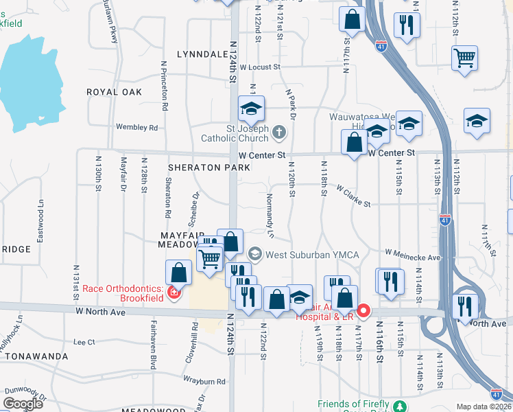 map of restaurants, bars, coffee shops, grocery stores, and more near 2542 North 124th Street in Wauwatosa