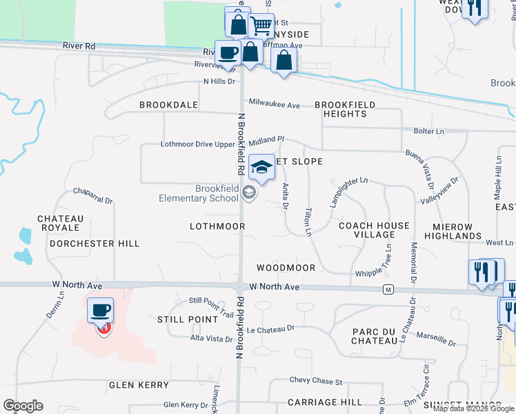 map of restaurants, bars, coffee shops, grocery stores, and more near 2530 North Brookfield Road in Brookfield