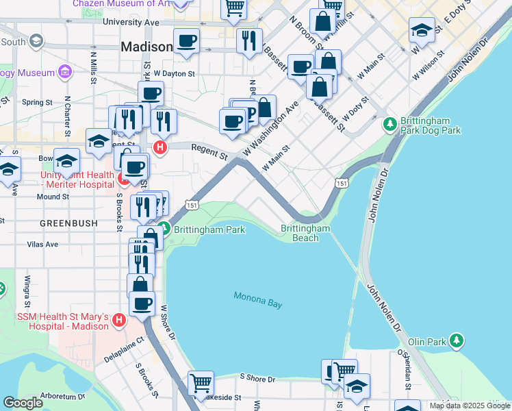 map of restaurants, bars, coffee shops, grocery stores, and more near 729 Clark Court in Madison