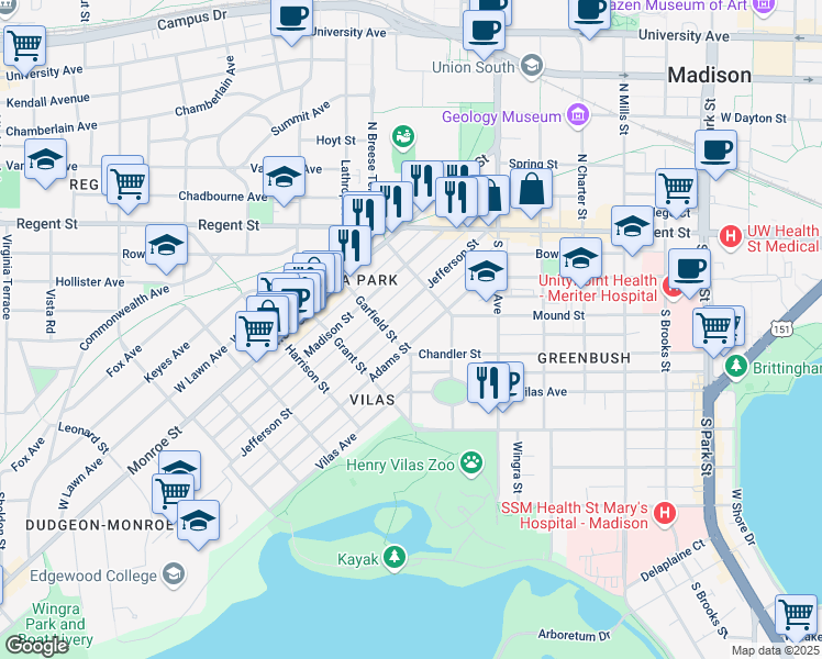 map of restaurants, bars, coffee shops, grocery stores, and more near 1620 Adams Street in Madison