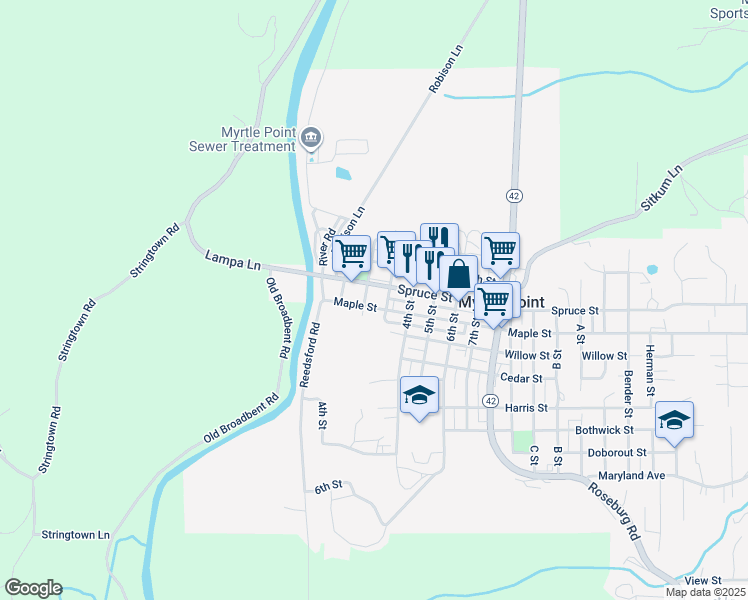 map of restaurants, bars, coffee shops, grocery stores, and more near 207 Maple Street in Myrtle Point