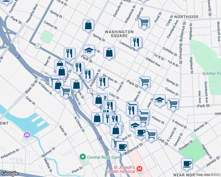 map of restaurants, bars, coffee shops, grocery stores, and more near 715 N Alvord St in Syracuse