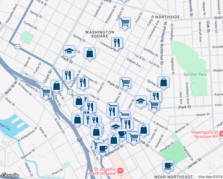 map of restaurants, bars, coffee shops, grocery stores, and more near 117 Neutral Court in Syracuse