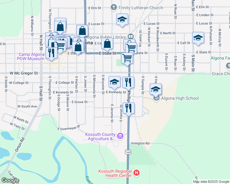map of restaurants, bars, coffee shops, grocery stores, and more near 729 East Kennedy Street in Algona