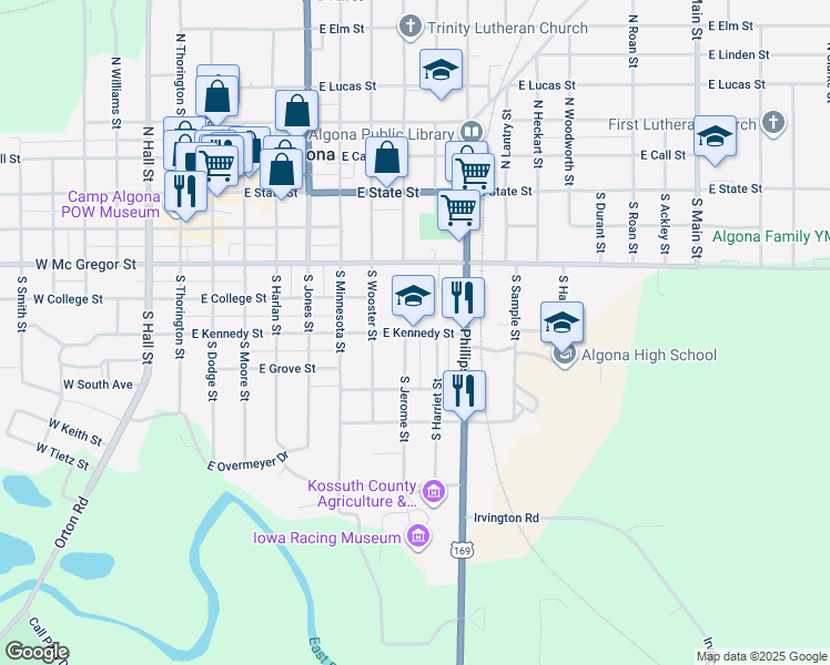 map of restaurants, bars, coffee shops, grocery stores, and more near 729 East Kennedy Street in Algona