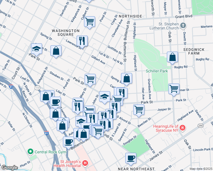 map of restaurants, bars, coffee shops, grocery stores, and more near 233 South Carbon Street in Syracuse