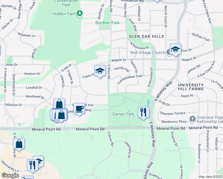 map of restaurants, bars, coffee shops, grocery stores, and more near 117 S Rosa Rd in Madison