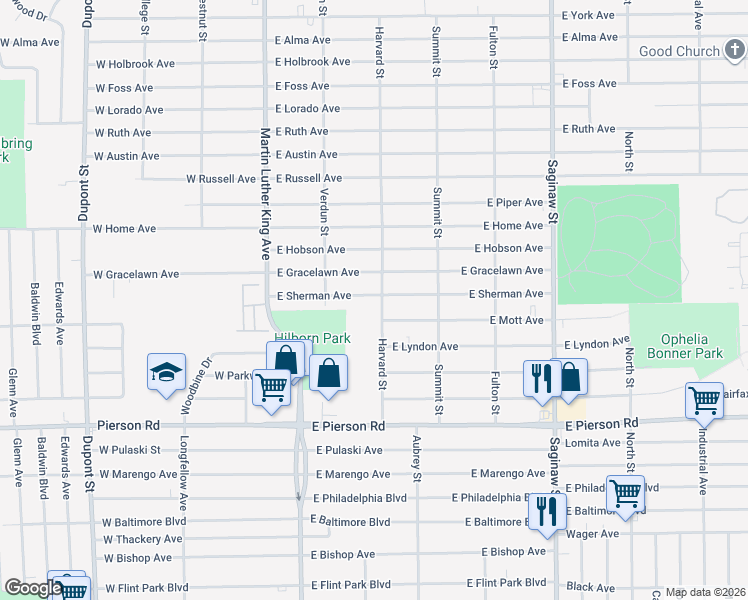 map of restaurants, bars, coffee shops, grocery stores, and more near 254 East Sherman Avenue in Flint