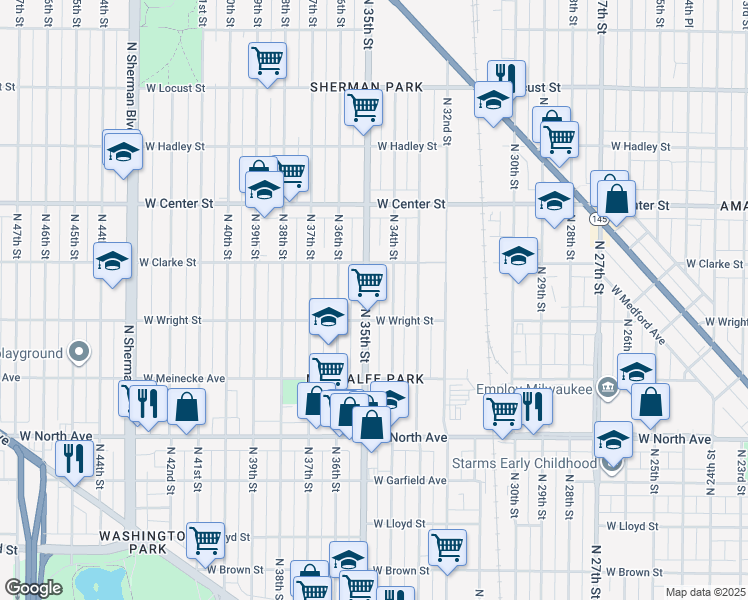 map of restaurants, bars, coffee shops, grocery stores, and more near 2528 North 35th Street in Milwaukee
