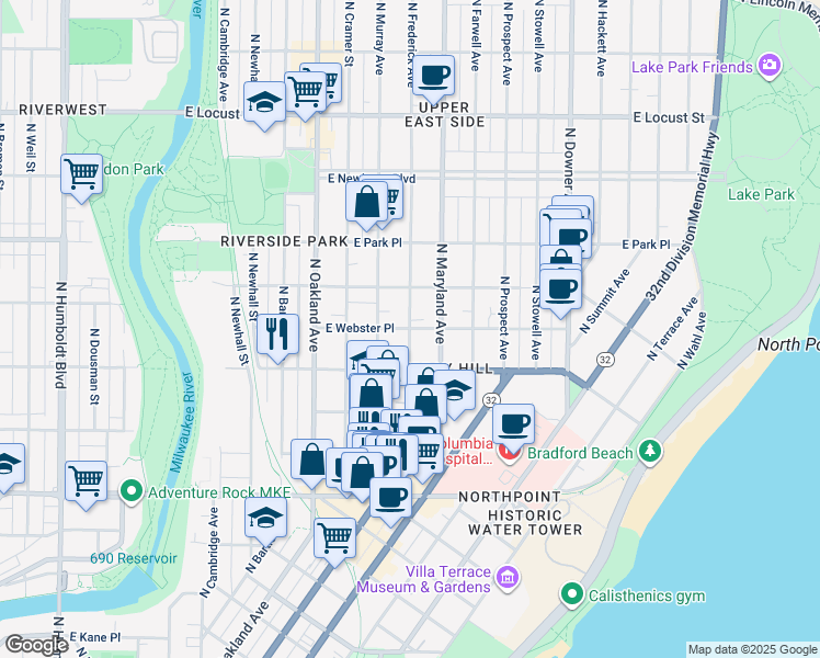 map of restaurants, bars, coffee shops, grocery stores, and more near East Webster Place in Milwaukee