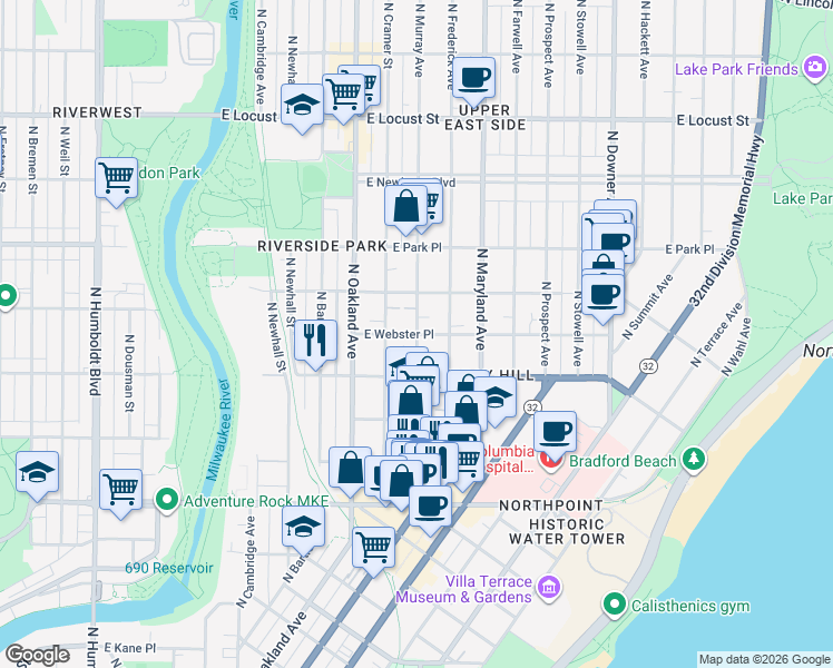 map of restaurants, bars, coffee shops, grocery stores, and more near N Murray Ave & E Webster Pl in Milwaukee