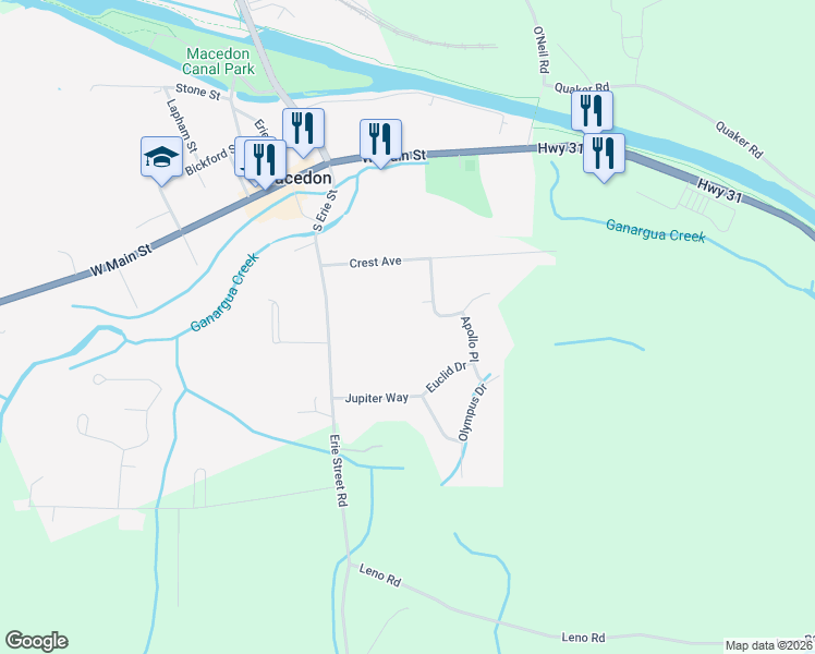 map of restaurants, bars, coffee shops, grocery stores, and more near 9 Southview Circle in Macedon