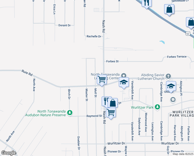 map of restaurants, bars, coffee shops, grocery stores, and more near 1537 Moll Street in North Tonawanda