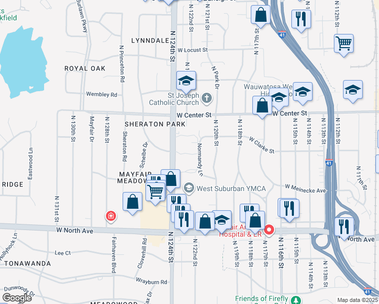 map of restaurants, bars, coffee shops, grocery stores, and more near 2542 North 124th Street in Wauwatosa