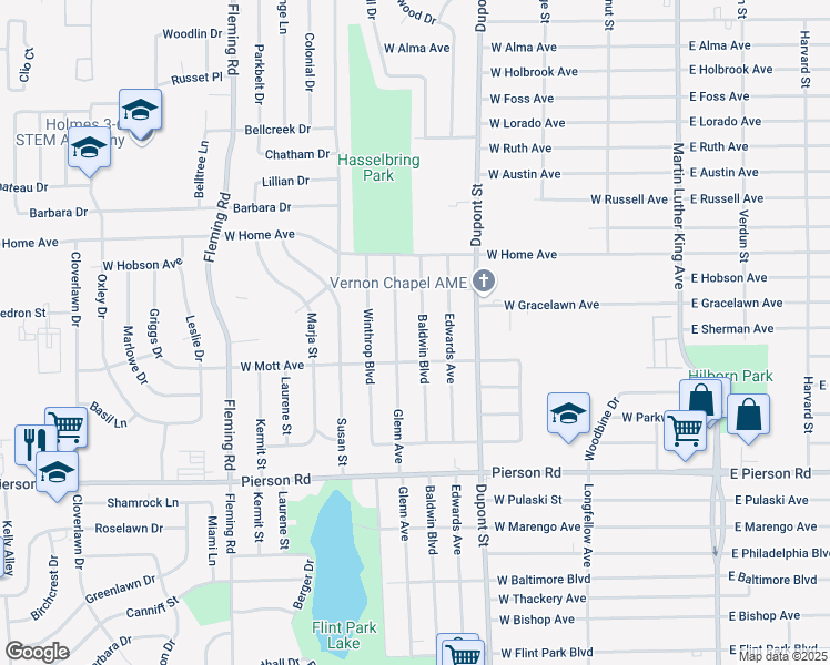 map of restaurants, bars, coffee shops, grocery stores, and more near 5701 Baldwin Boulevard in Flint