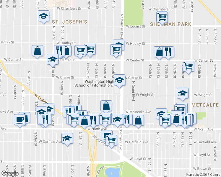 map of restaurants, bars, coffee shops, grocery stores, and more near 2531 North 44th Street in Milwaukee