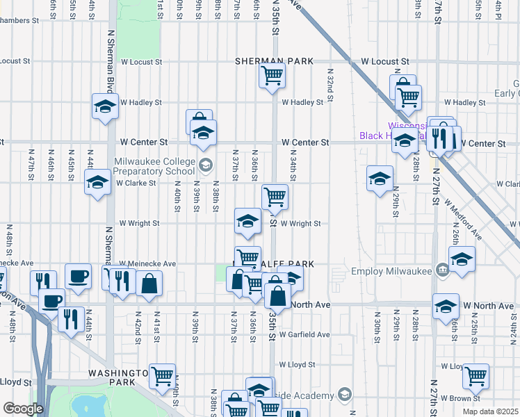 map of restaurants, bars, coffee shops, grocery stores, and more near 2530 North 36th Street in Milwaukee