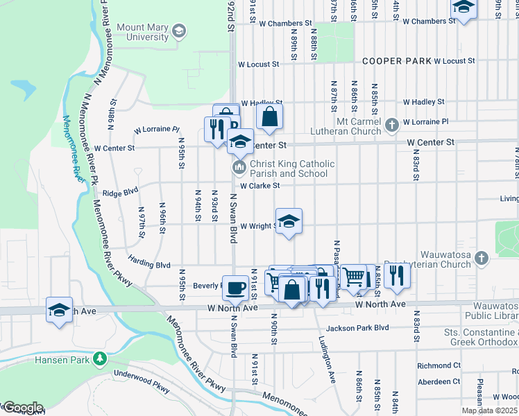 map of restaurants, bars, coffee shops, grocery stores, and more near 2536 North 91st Street in Wauwatosa